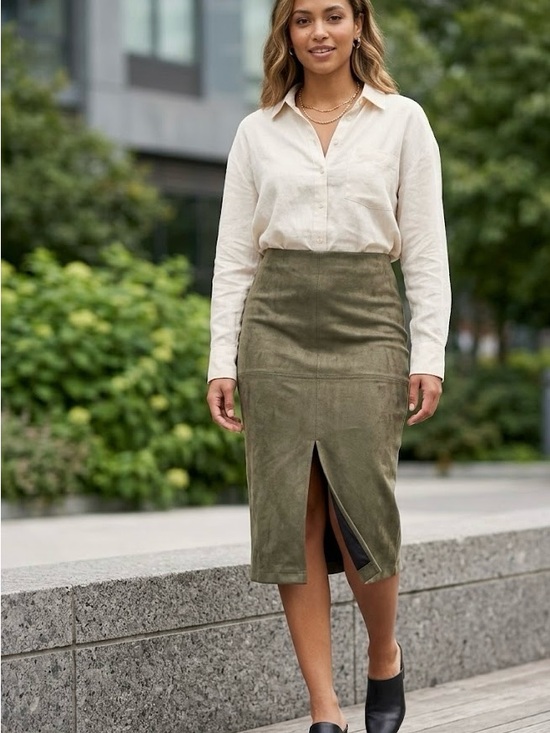 Lulus Dresses & Skirts - Lulus Olive Green Faux Suede Pencil Skirt with Front Slit Size M